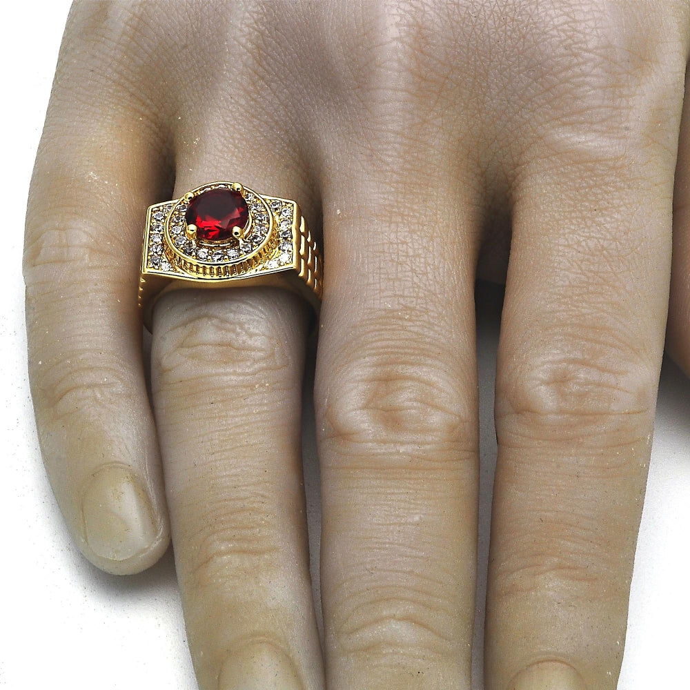 Oro Laminado Mens Ring, Gold Filled Style with Garnet and White Cubic Zirconia, Polished, Golden Finish