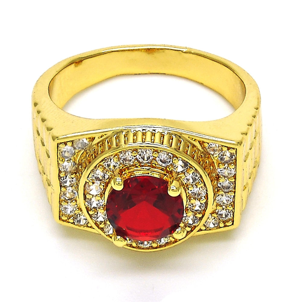 Oro Laminado Mens Ring, Gold Filled Style with Garnet and White Cubic Zirconia, Polished, Golden Finish