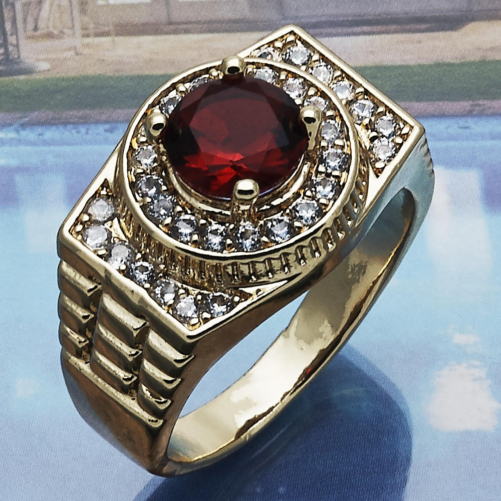 Oro Laminado Mens Ring, Gold Filled Style with Garnet and White Cubic Zirconia, Polished, Golden Finish