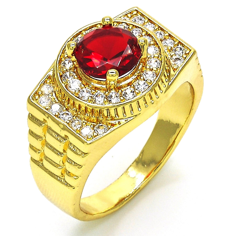 Oro Laminado Mens Ring, Gold Filled Style with Garnet and White Cubic Zirconia, Polished, Golden Finish