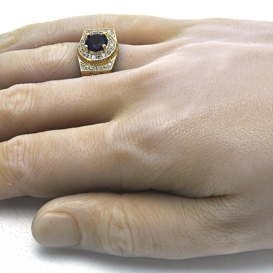 Oro Laminado Mens Ring, Gold Filled Style with Tanzanite and White Cubic Zirconia, Polished, Golden Finish