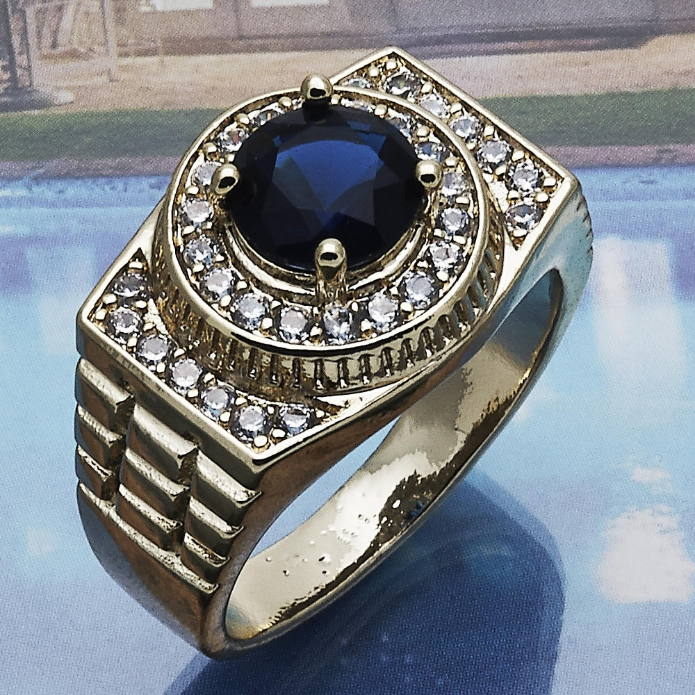 Oro Laminado Mens Ring, Gold Filled Style with Tanzanite and White Cubic Zirconia, Polished, Golden Finish
