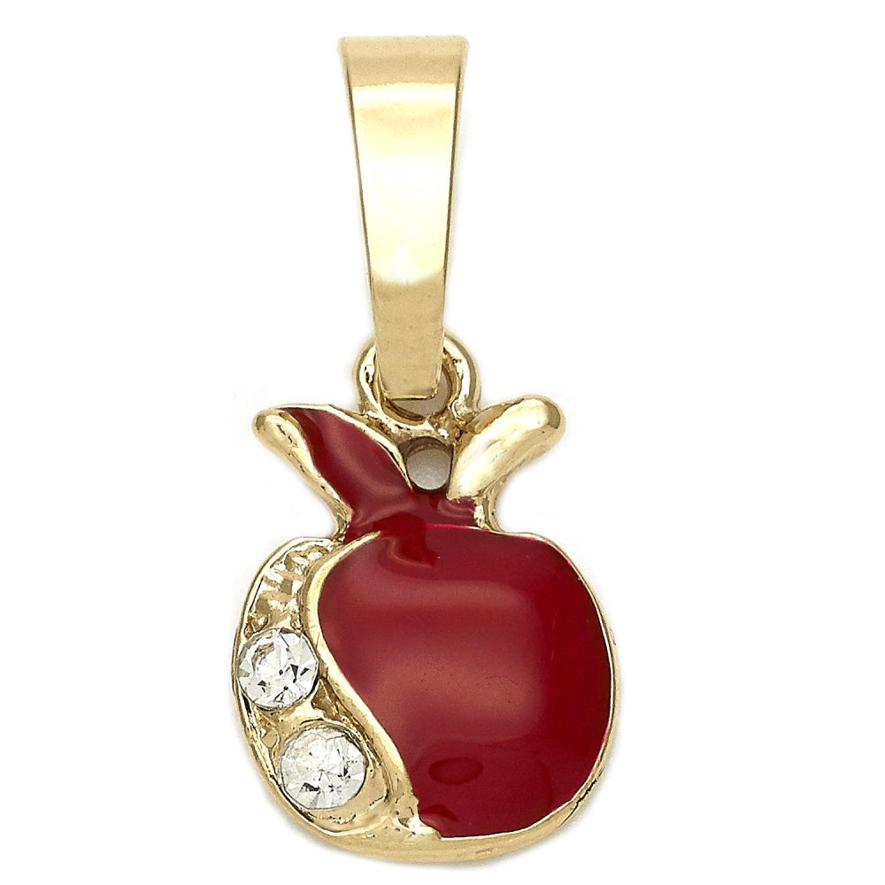 Oro Laminado Fancy Pendant, Gold Filled Style Apple Design, with White Crystal, Red Enamel Finish, Golden Finish