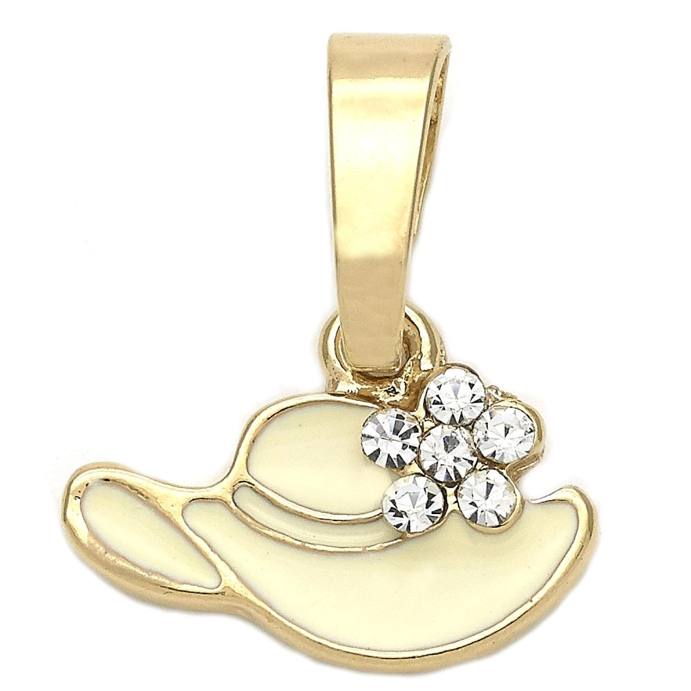 Oro Laminado Fancy Pendant, Gold Filled Style Hat and Flower Design, with White Crystal, White Enamel Finish, Golden Finish