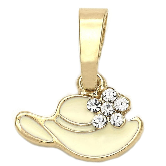 Oro Laminado Fancy Pendant, Gold Filled Style Hat and Flower Design, with White Crystal, White Enamel Finish, Golden Finish