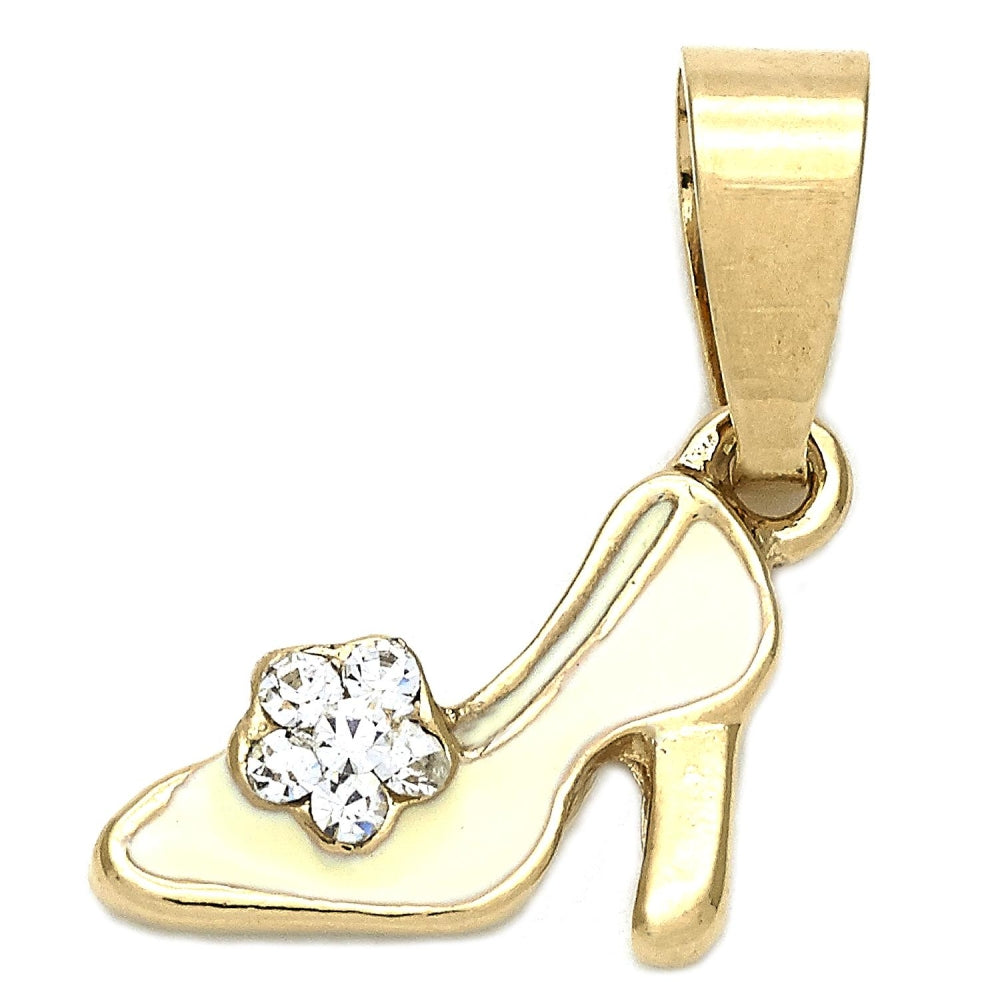 Oro Laminado Fancy Pendant, Gold Filled Style Shoes Design, with White Crystal, White Enamel Finish, Golden Finish
