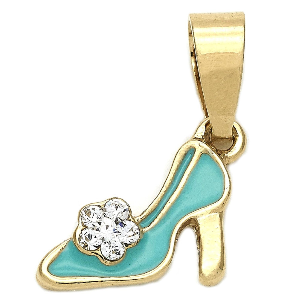 Oro Laminado Fancy Pendant, Gold Filled Style Shoes Design, with White Crystal, Blue Enamel Finish, Golden Finish