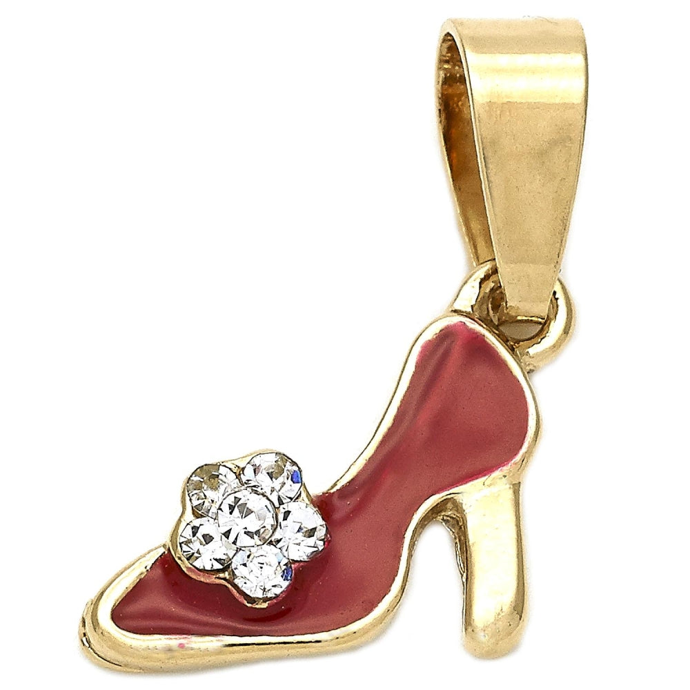 Oro Laminado Fancy Pendant, Gold Filled Style Shoes Design, with White Crystal, Red Enamel Finish, Golden Finish