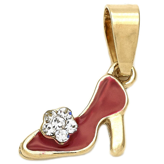Oro Laminado Fancy Pendant, Gold Filled Style Shoes Design, with White Crystal, Red Enamel Finish, Golden Finish