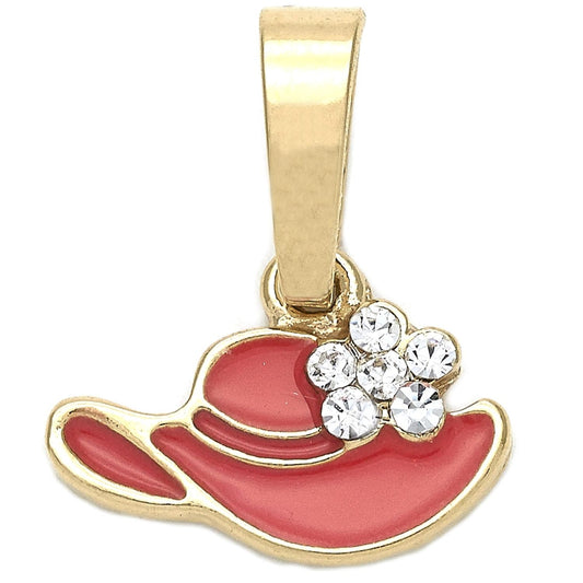 Oro Laminado Fancy Pendant, Gold Filled Style Hat and Flower Design, with White Crystal, Pink Enamel Finish, Golden Finish