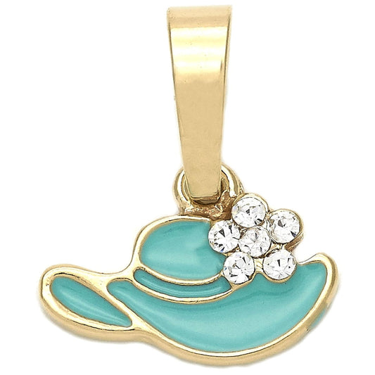 Oro Laminado Fancy Pendant, Gold Filled Style Hat and Flower Design, with White Crystal, Blue Enamel Finish, Golden Finish