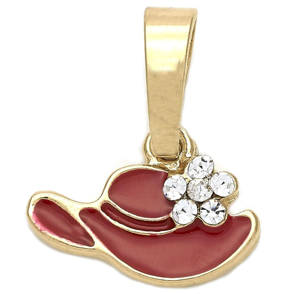 Oro Laminado Fancy Pendant, Gold Filled Style Hat and Flower Design, with White Crystal, Red Enamel Finish, Golden Finish