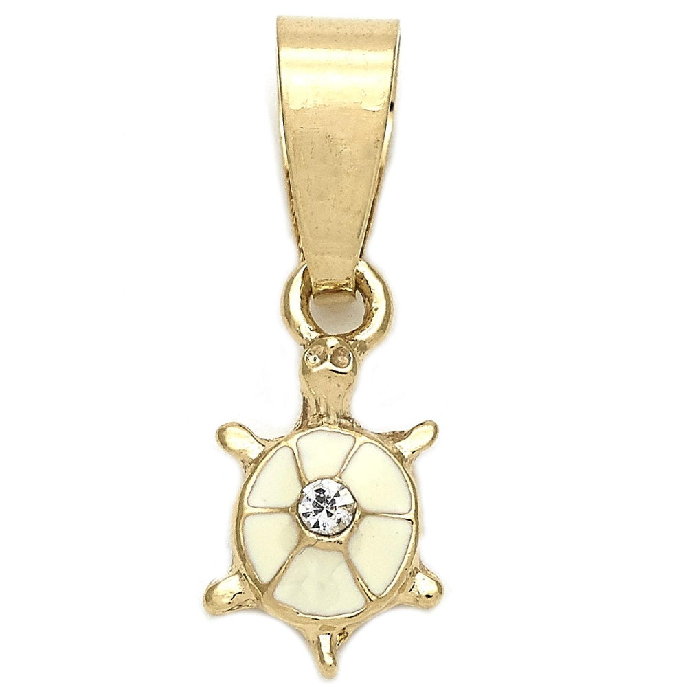 Oro Laminado Fancy Pendant, Gold Filled Style Turtle Design, with White Crystal, White Enamel Finish, Golden Finish