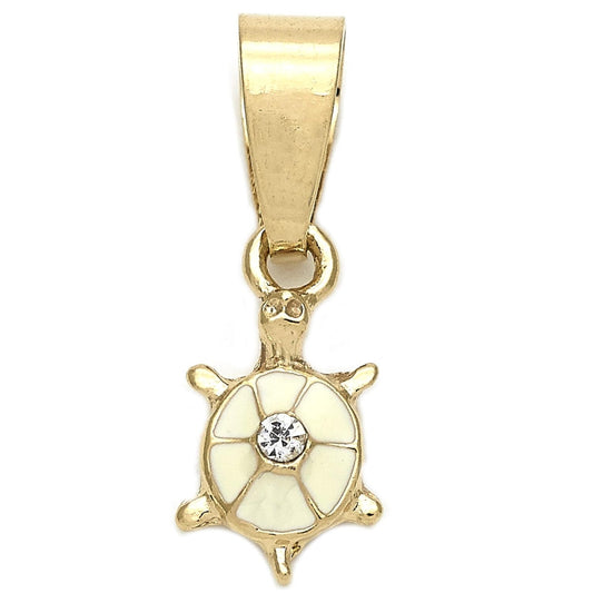 Oro Laminado Fancy Pendant, Gold Filled Style Turtle Design, with White Crystal, White Enamel Finish, Golden Finish