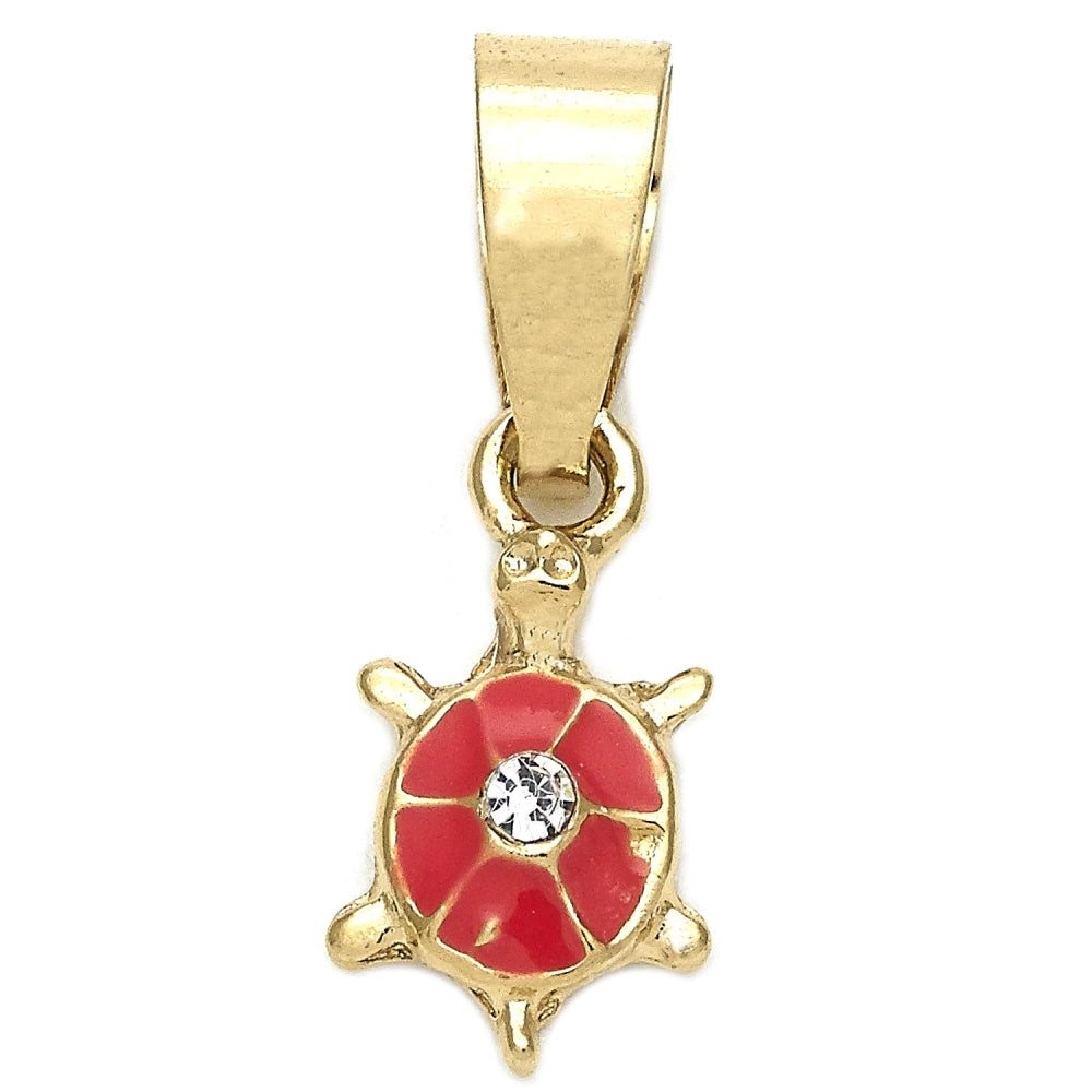 Oro Laminado Fancy Pendant, Gold Filled Style Turtle Design, with White Crystal, Orange Enamel Finish, Golden Finish