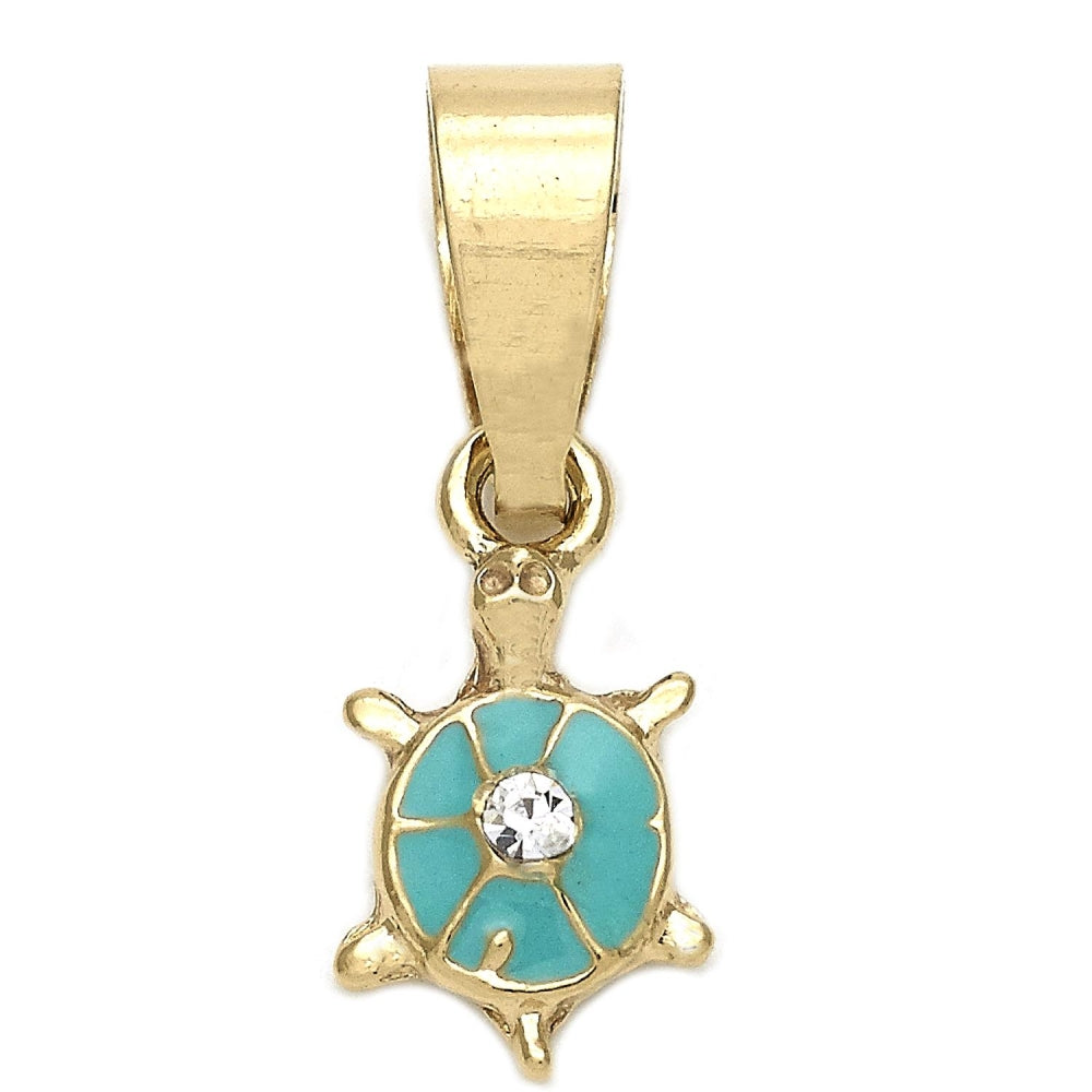 Oro Laminado Fancy Pendant, Gold Filled Style Turtle Design, with White Crystal, Blue Enamel Finish, Golden Finish