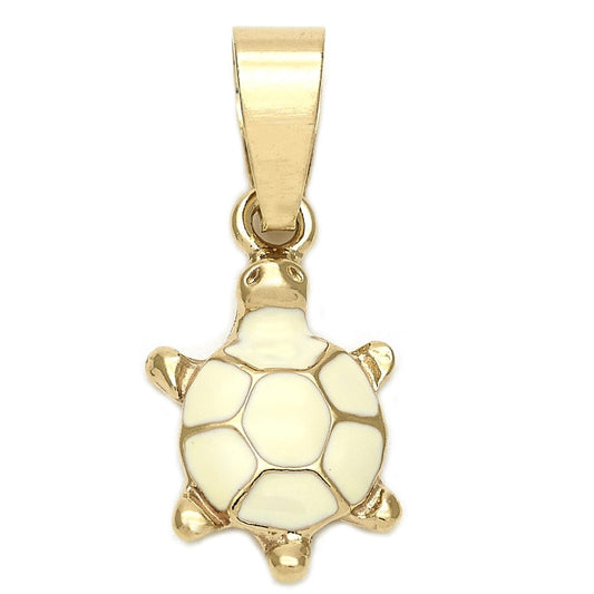 Oro Laminado Fancy Pendant, Gold Filled Style Turtle Design, White Enamel Finish, Golden Finish