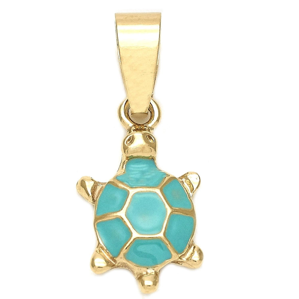 Oro Laminado Fancy Pendant, Gold Filled Style Turtle Design, Blue Enamel Finish, Golden Finish