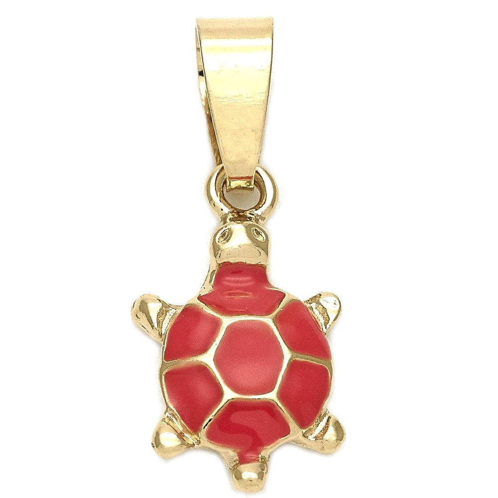 Oro Laminado Fancy Pendant, Gold Filled Style Turtle Design, Orange Enamel Finish, Golden Finish