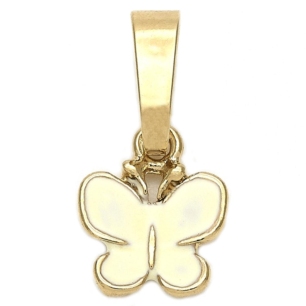 Oro Laminado Fancy Pendant, Gold Filled Style Butterfly Design, White Enamel Finish, Golden Finish