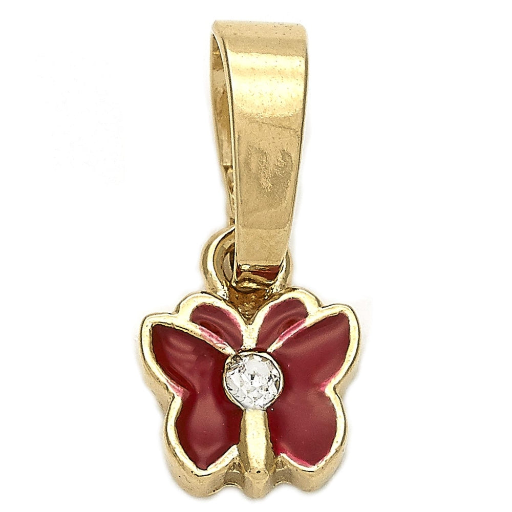 Oro Laminado Fancy Pendant, Gold Filled Style Butterfly Design, with White Crystal, Red Enamel Finish, Golden Finish