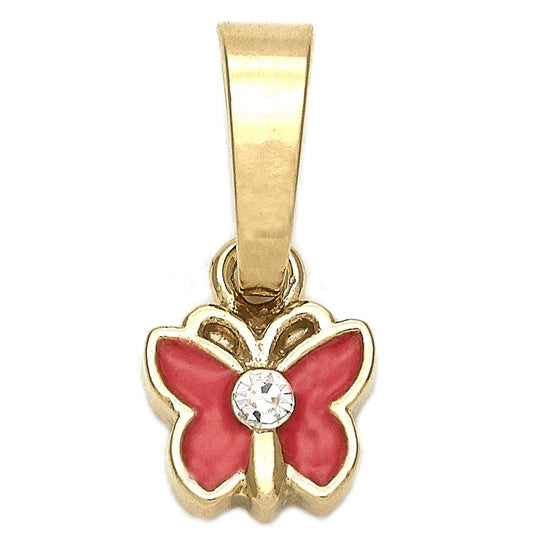 Oro Laminado Fancy Pendant, Gold Filled Style Butterfly Design, with White Crystal, Orange Enamel Finish, Golden Finish