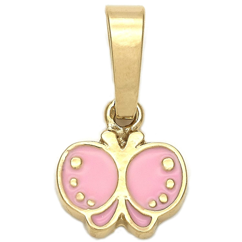 Oro Laminado Fancy Pendant, Gold Filled Style Butterfly Design, Pink Enamel Finish, Golden Finish