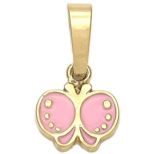 Oro Laminado Fancy Pendant, Gold Filled Style Butterfly Design, Pink Enamel Finish, Golden Finish