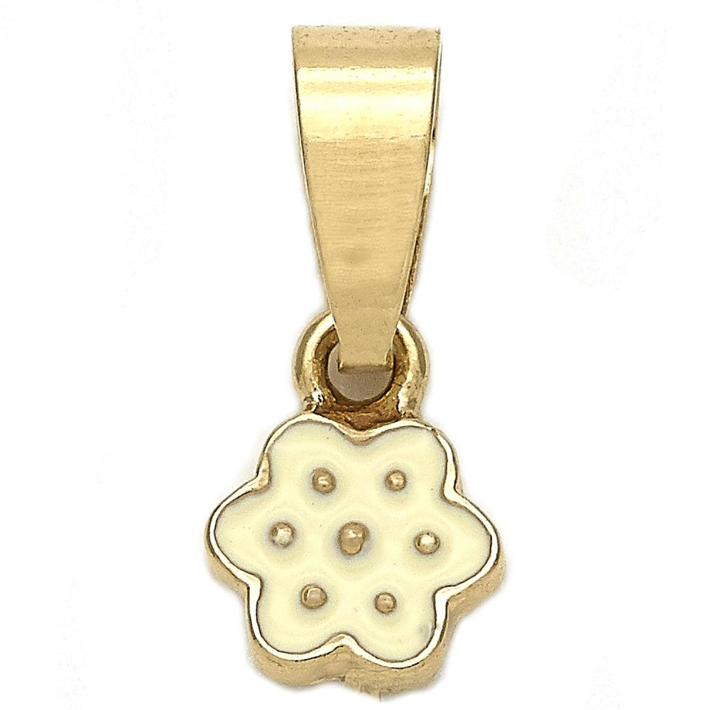 Oro Laminado Fancy Pendant, Gold Filled Style Flower Design, White Enamel Finish, Golden Finish