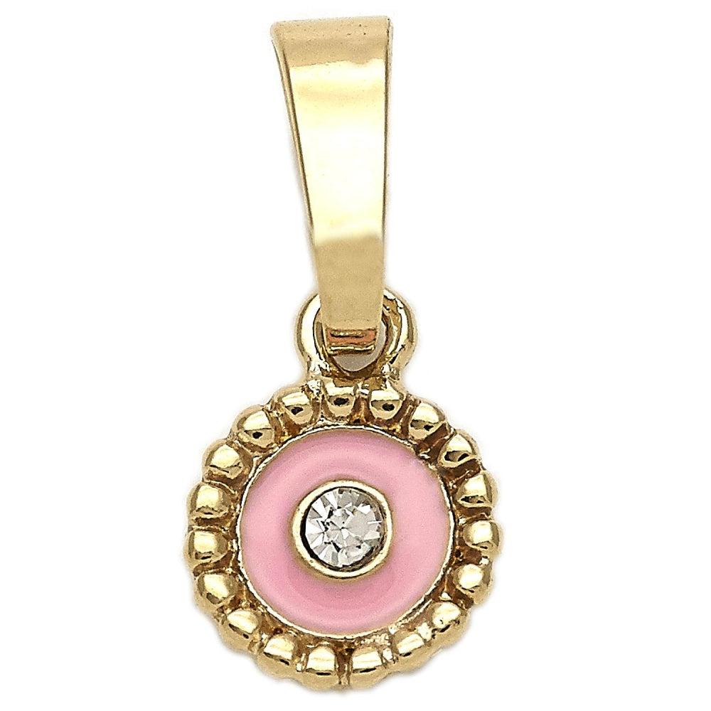 Oro Laminado Fancy Pendant, Gold Filled Style Flower Design, with White Crystal, Pink Enamel Finish, Golden Finish