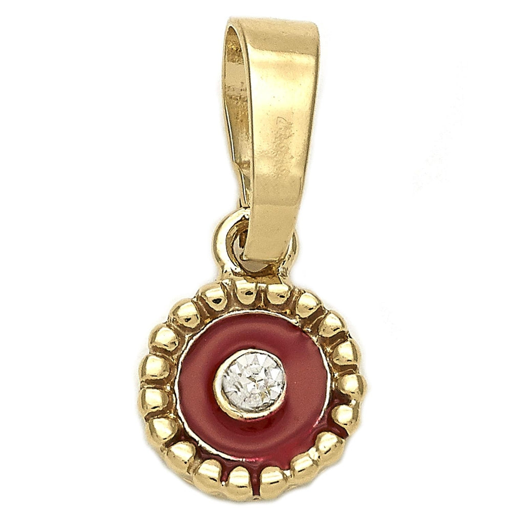 Oro Laminado Fancy Pendant, Gold Filled Style Flower Design, with White Crystal, Red Enamel Finish, Golden Finish