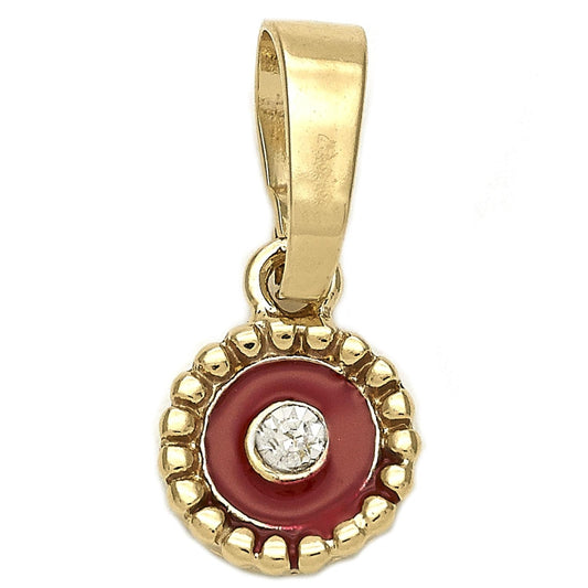Oro Laminado Fancy Pendant, Gold Filled Style Flower Design, with White Crystal, Red Enamel Finish, Golden Finish