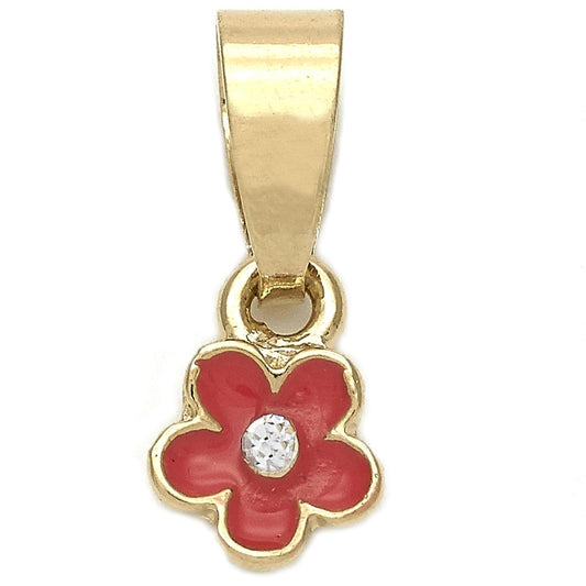 Oro Laminado Fancy Pendant, Gold Filled Style Flower Design, with White Crystal, Dark Pink Enamel Finish, Golden Finish