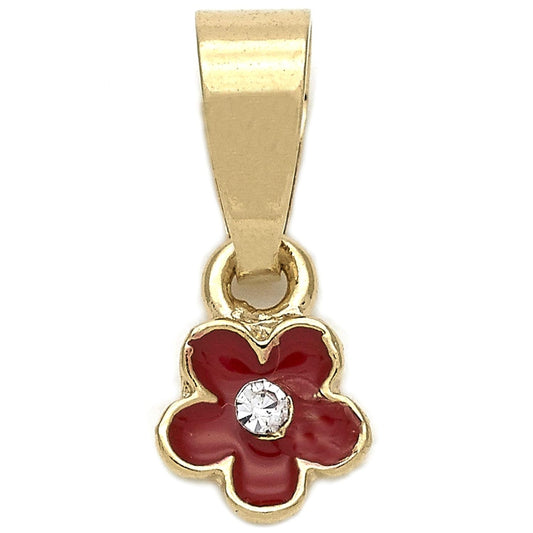 Oro Laminado Fancy Pendant, Gold Filled Style Flower Design, with White Crystal, Red Enamel Finish, Golden Finish