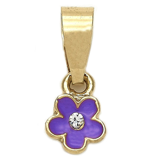 Oro Laminado Fancy Pendant, Gold Filled Style Flower Design, with White Crystal, Purple Enamel Finish, Golden Finish