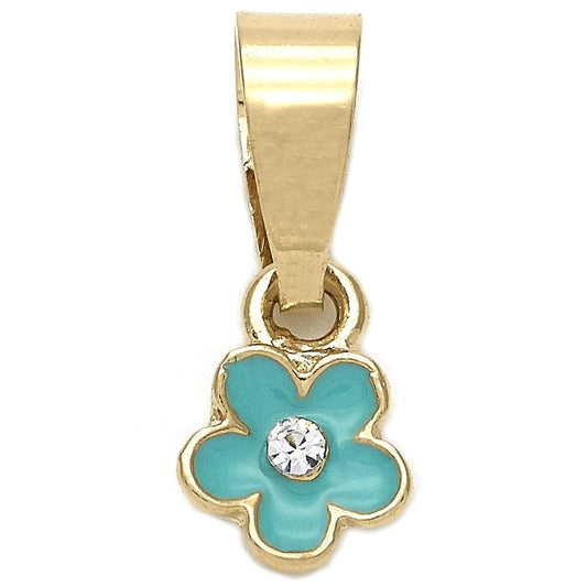 Oro Laminado Fancy Pendant, Gold Filled Style Flower Design, with White Crystal, Blue Enamel Finish, Golden Finish