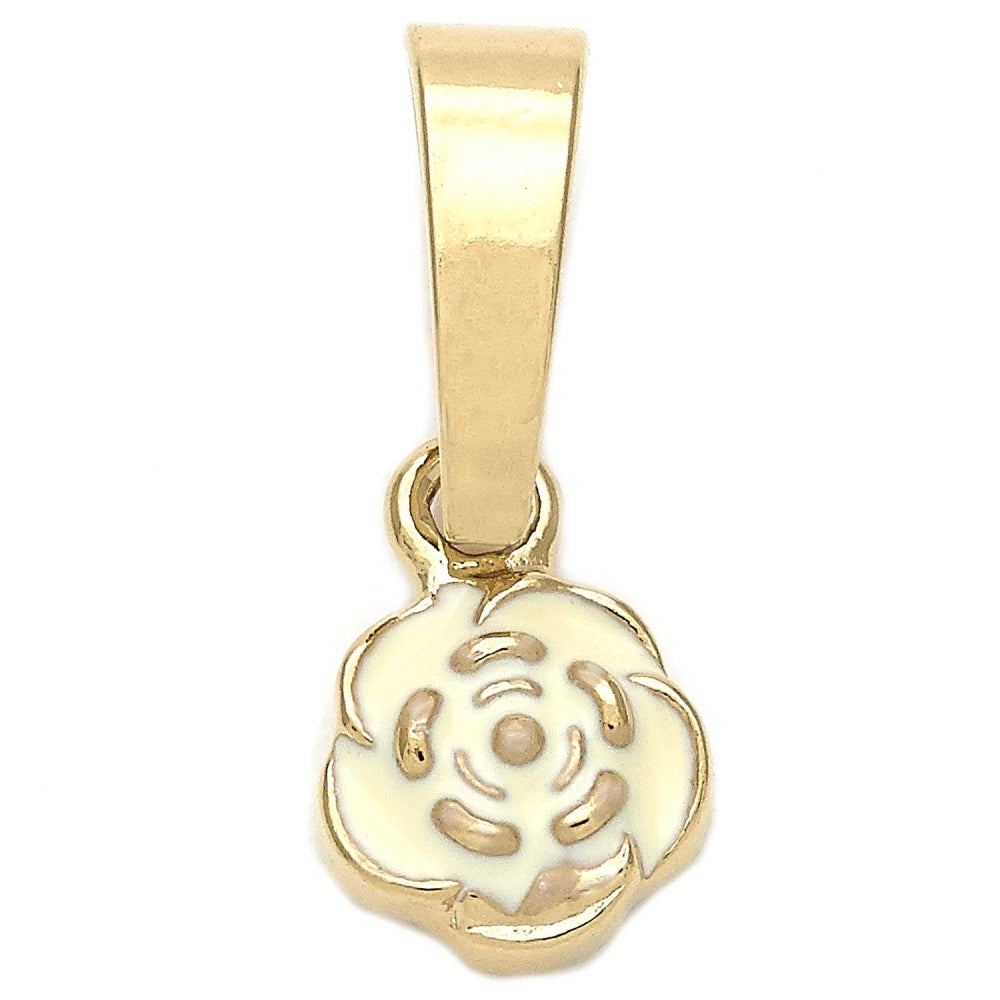 Oro Laminado Fancy Pendant, Gold Filled Style Flower Design, White Enamel Finish, Golden Finish