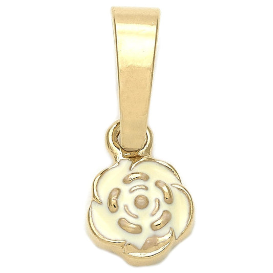 Oro Laminado Fancy Pendant, Gold Filled Style Flower Design, White Enamel Finish, Golden Finish