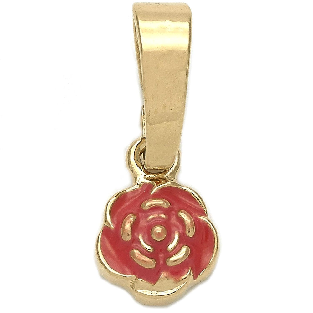 Oro Laminado Fancy Pendant, Gold Filled Style Flower Design, Dark Pink Enamel Finish, Golden Finish