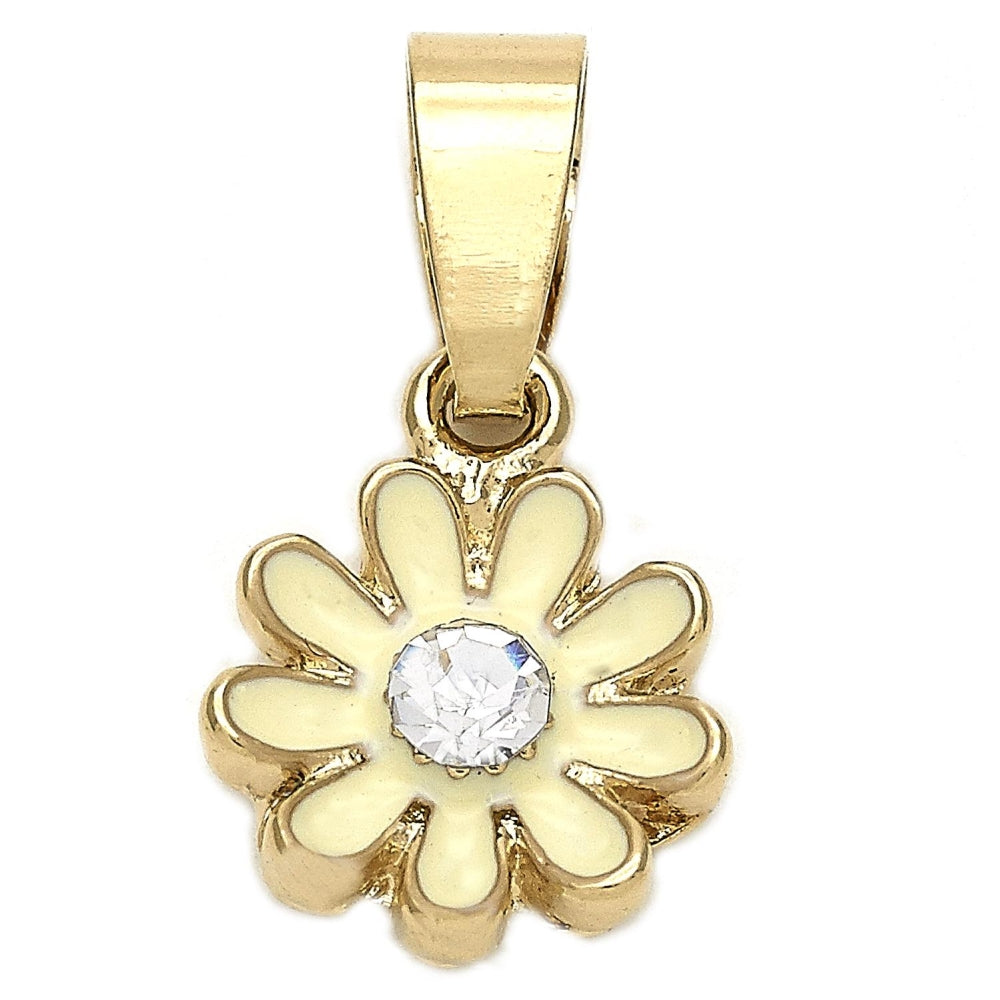 Oro Laminado Fancy Pendant, Gold Filled Style Flower Design, with White Crystal, White Enamel Finish, Golden Finish