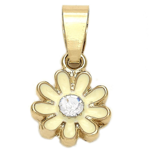 Oro Laminado Fancy Pendant, Gold Filled Style Flower Design, with White Crystal, White Enamel Finish, Golden Finish