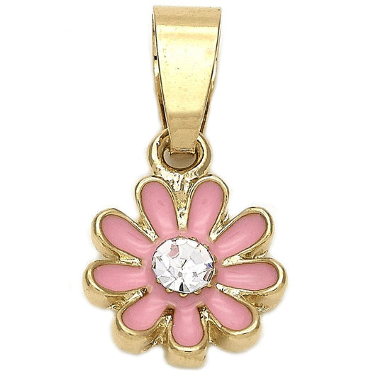 Oro Laminado Fancy Pendant, Gold Filled Style Flower Design, with White Crystal, Pink Enamel Finish, Golden Finish