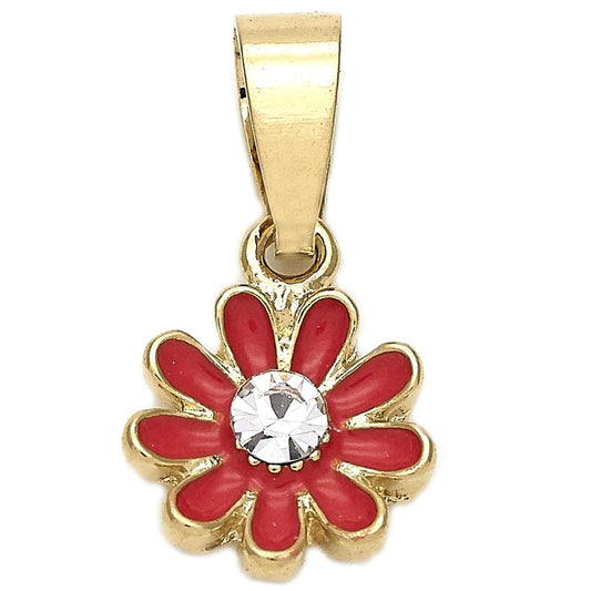 Oro Laminado Fancy Pendant, Gold Filled Style Flower Design, with White Crystal, Dark Pink Enamel Finish, Golden Finish