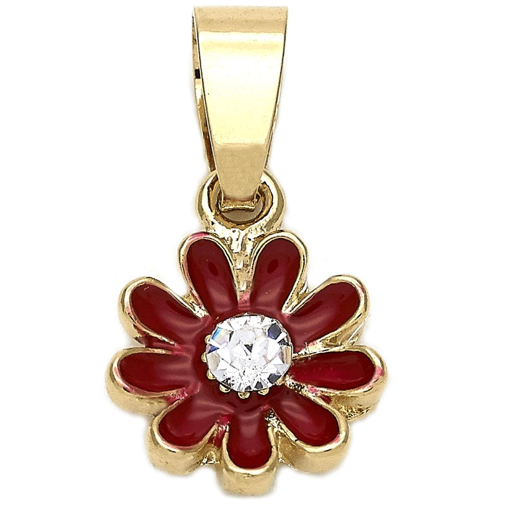 Oro Laminado Fancy Pendant, Gold Filled Style Flower Design, with White Crystal, Red Enamel Finish, Golden Finish