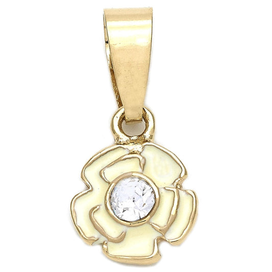 Oro Laminado Fancy Pendant, Gold Filled Style Flower Design, with White Crystal, White Enamel Finish, Golden Finish