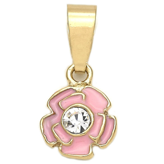 Oro Laminado Fancy Pendant, Gold Filled Style Flower Design, with White Crystal, Pink Enamel Finish, Golden Finish