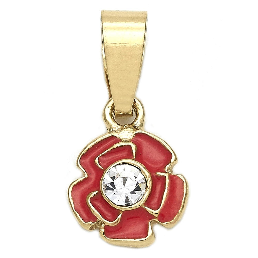 Oro Laminado Fancy Pendant, Gold Filled Style Flower Design, with White Crystal, Dark Pink Enamel Finish, Golden Finish