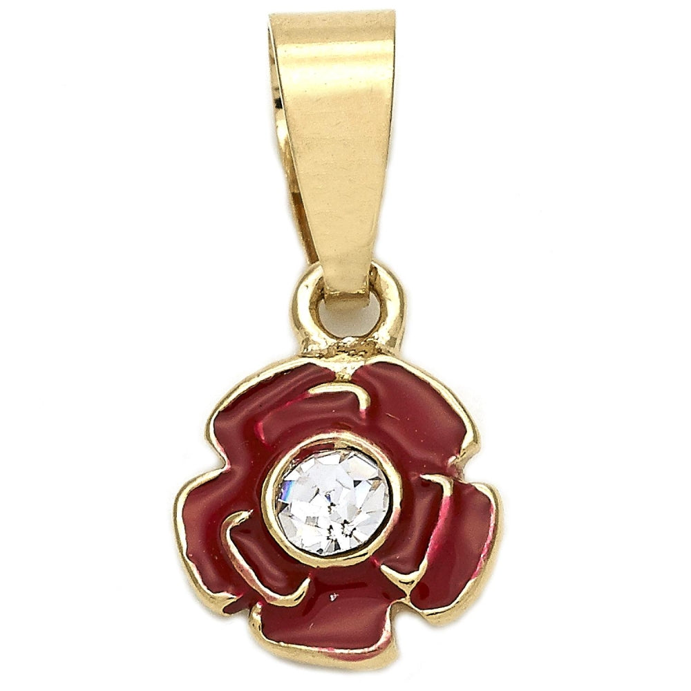 Oro Laminado Fancy Pendant, Gold Filled Style Flower Design, with White Crystal, Red Enamel Finish, Golden Finish