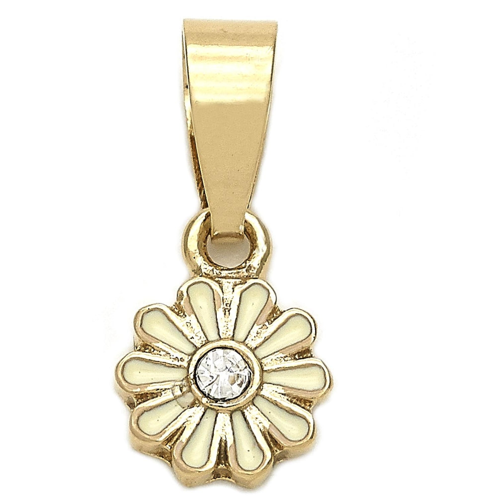 Oro Laminado Fancy Pendant, Gold Filled Style Flower Design, with White Crystal, White Enamel Finish, Golden Finish