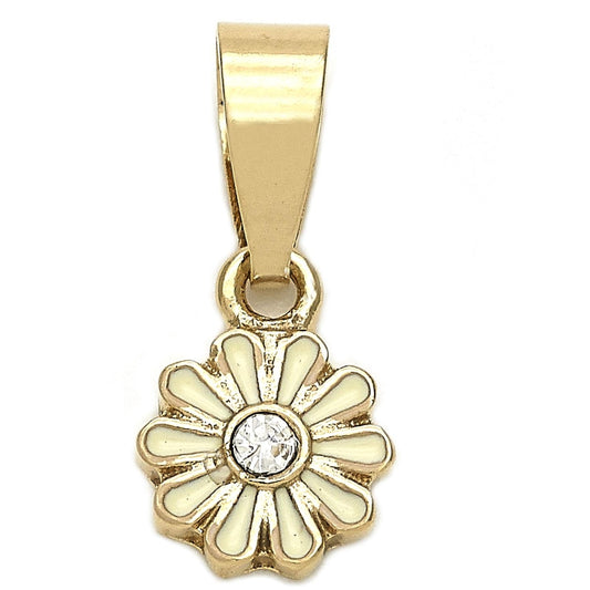 Oro Laminado Fancy Pendant, Gold Filled Style Flower Design, with White Crystal, Pink Enamel Finish, Golden Finish